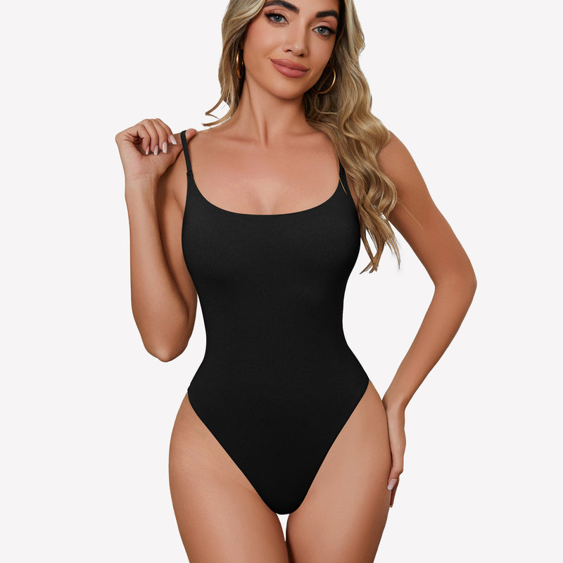 Black square neck bodysuit, a stylish and comfortable one-piece with spaghetti straps.
