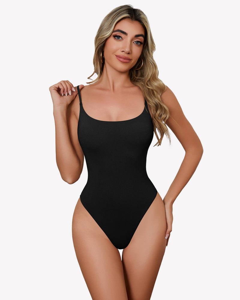 Black square neck bodysuit, a stylish and comfortable one-piece with spaghetti straps.