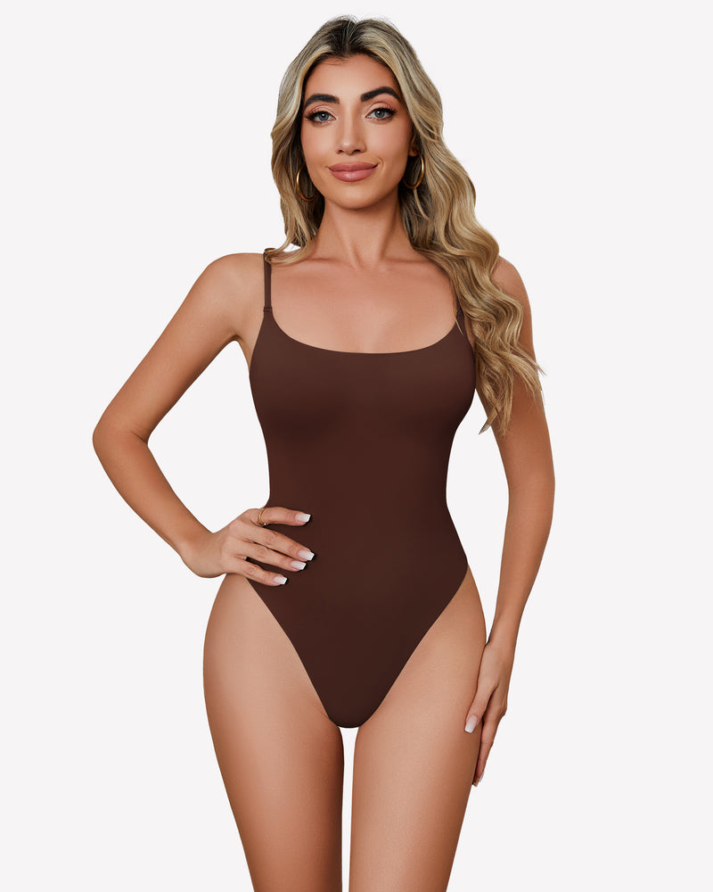 Brown square neck bodysuit with spaghetti straps, comfortable and stylish one-piece for women.