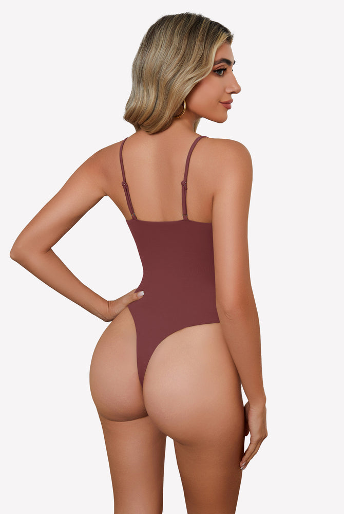 Burgundy square neck bodysuit with spaghetti straps, backless design, and high-cut thong back.