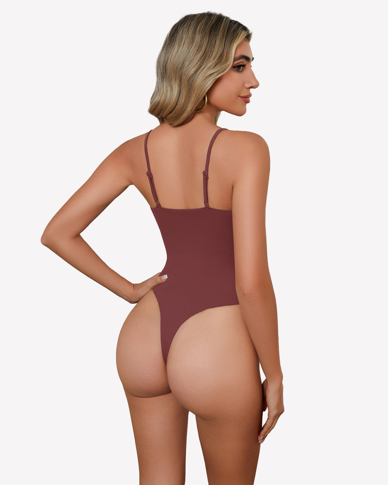 Burgundy square neck bodysuit with spaghetti straps, backless design, and high-cut thong back.
