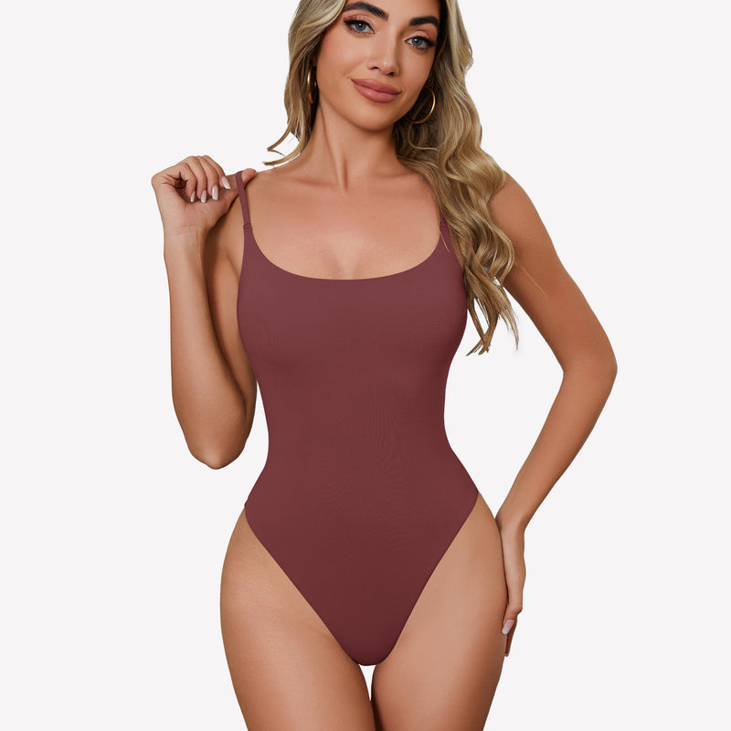 Burgundy square neck bodysuit with spaghetti straps, comfortable and stylish one-piece for women.