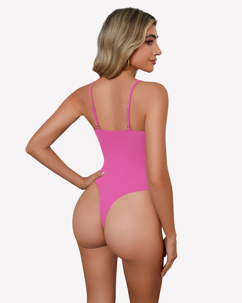 Pink square neck backless bodysuit with spaghetti straps, high-cut thong back for women.