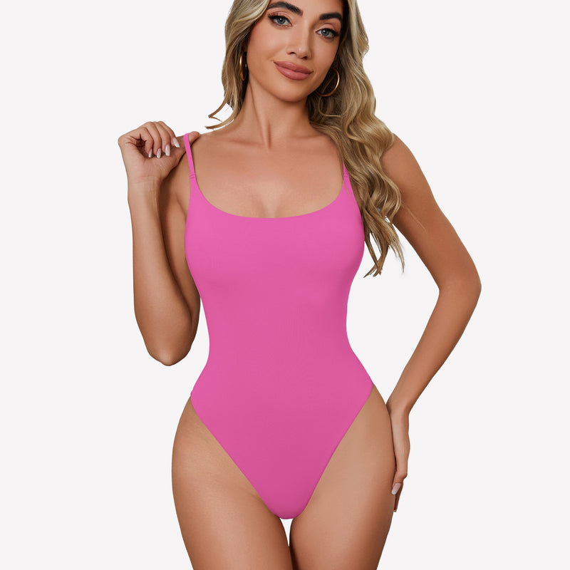 Pink square neck bodysuit with spaghetti straps, comfortable and stylish one-piece for women.