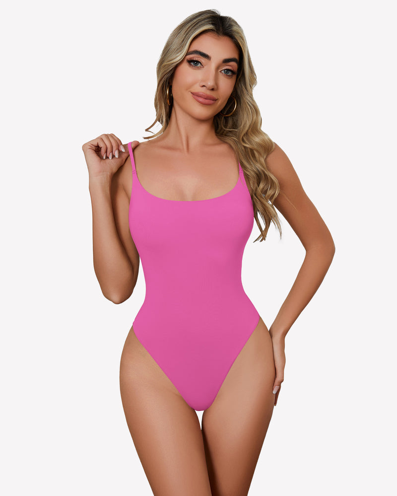 Pink square neck bodysuit with spaghetti straps, comfortable and stylish one-piece for women.