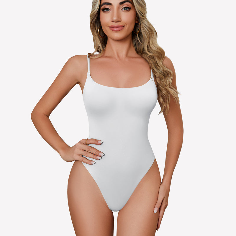 White square neck bodysuit with spaghetti straps, comfortable and stylish one-piece for women.