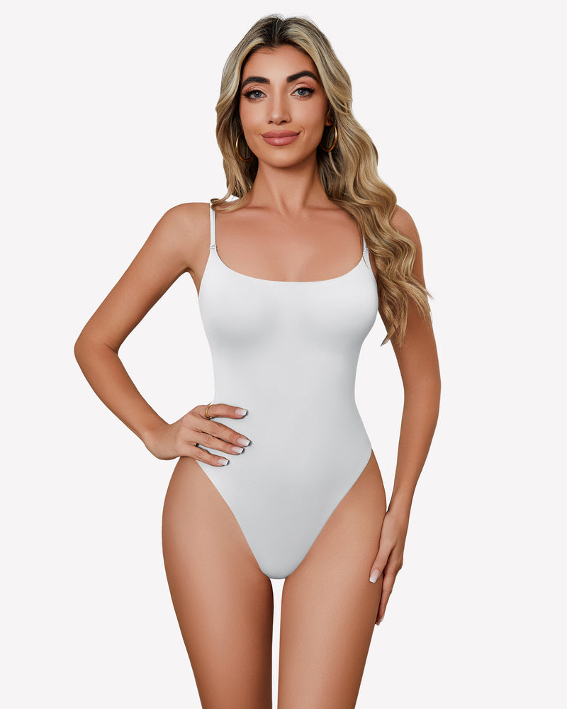 White square neck bodysuit with spaghetti straps, comfortable and stylish one-piece for women.