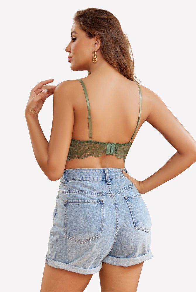 Avidlove green lace bustier top with underwire and adjustable straps, paired with denim shorts