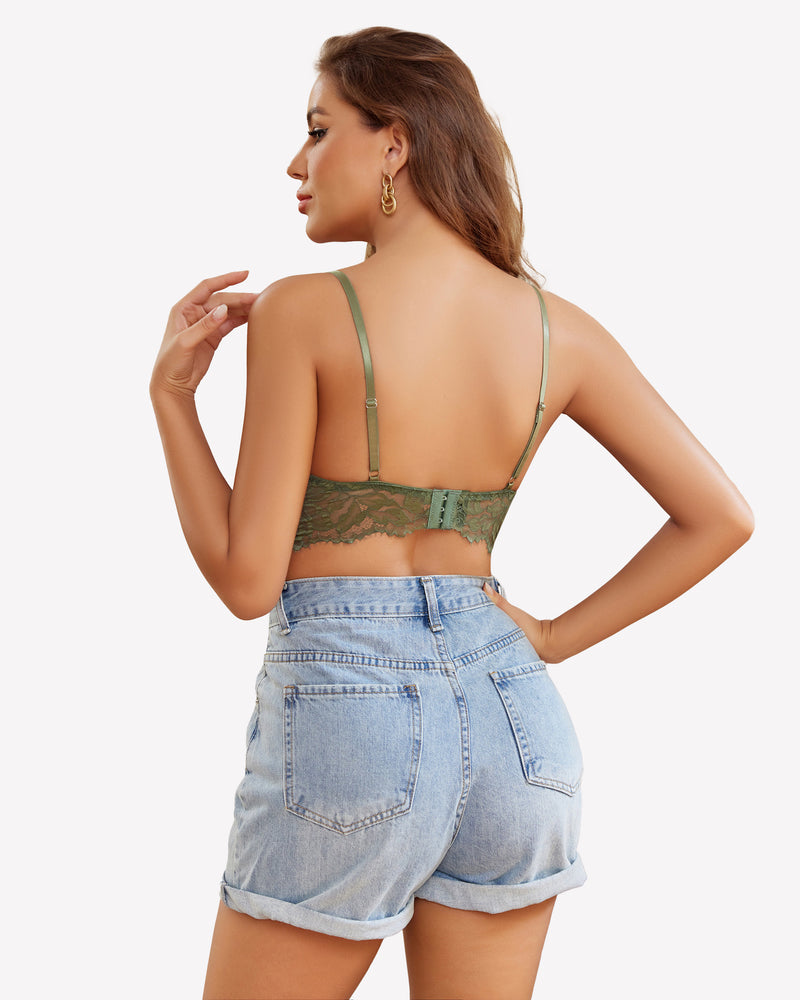 Avidlove green lace bustier top with underwire and adjustable straps, paired with denim shorts