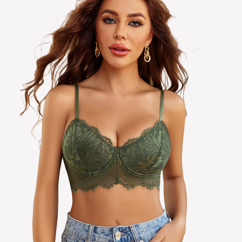 Green lace bustier top with underwire, worn by a woman, part of Avidlove lingerie collection.