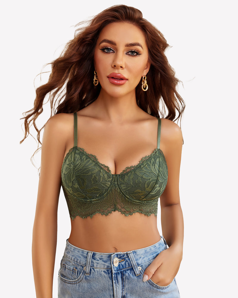 Green lace bustier top with underwire, worn by a woman, part of Avidlove lingerie collection.