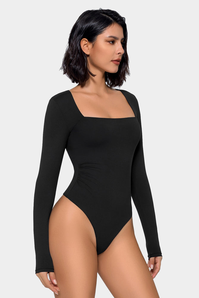 Black square neck double lined shapewear bodysuit, elegant and flattering, long sleeve, shapewear