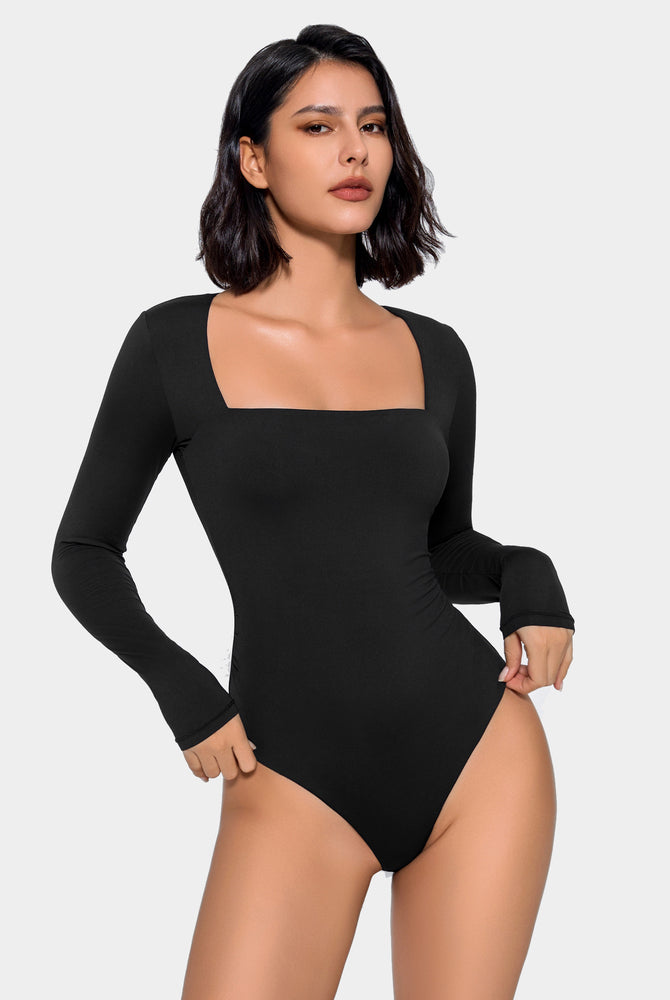 Black square neck double lined shapewear bodysuit, elegant and flattering for women.
