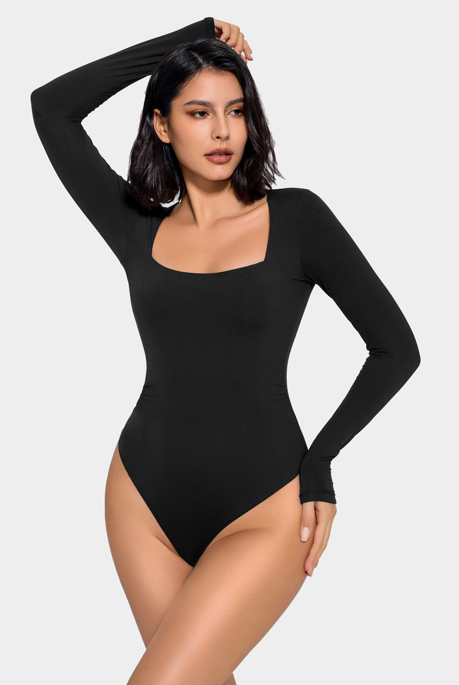 Black square neck bodysuit for women, flattering double-lined shapewear