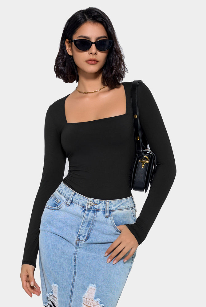 Square neck black bodysuit for women. Double-lined, long sleeves. Elegant, flattering shapewear with denim.
