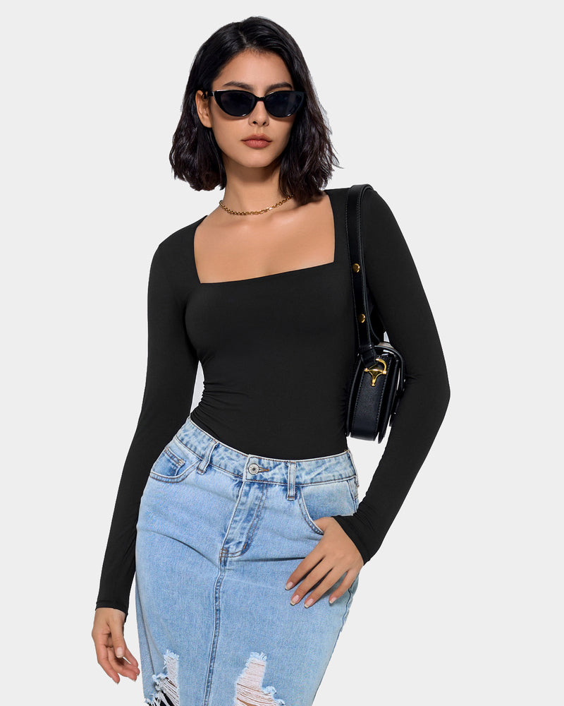 Square neck black bodysuit for women. Double-lined, long sleeves. Elegant, flattering shapewear with denim.
