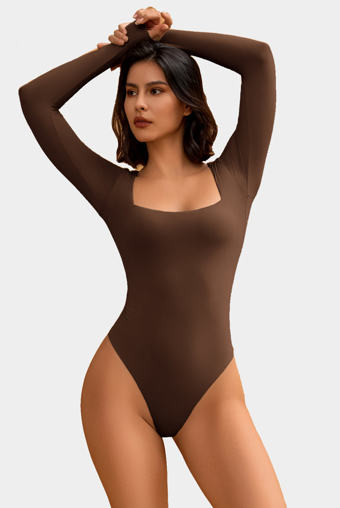 Brown square neck long sleeve shapewear bodysuit, elegant and flattering design.