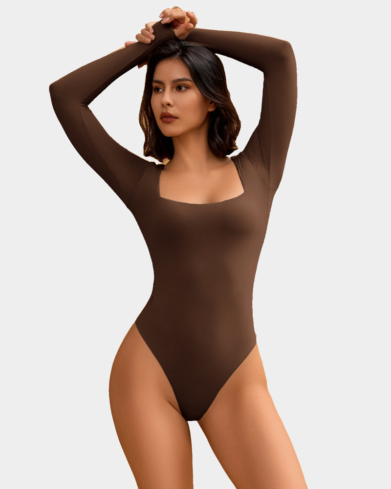 Brown square neck long sleeve shapewear bodysuit, elegant and flattering design.