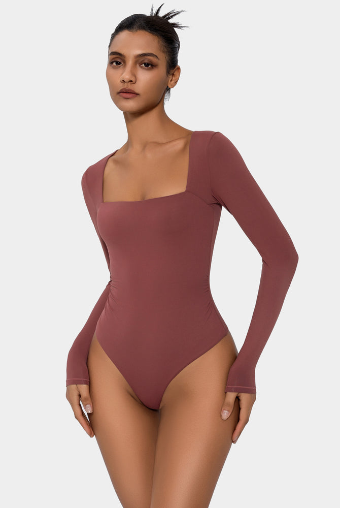 Terracotta square neck bodysuit. Double-lined, long sleeve, elegant shapewear for women.