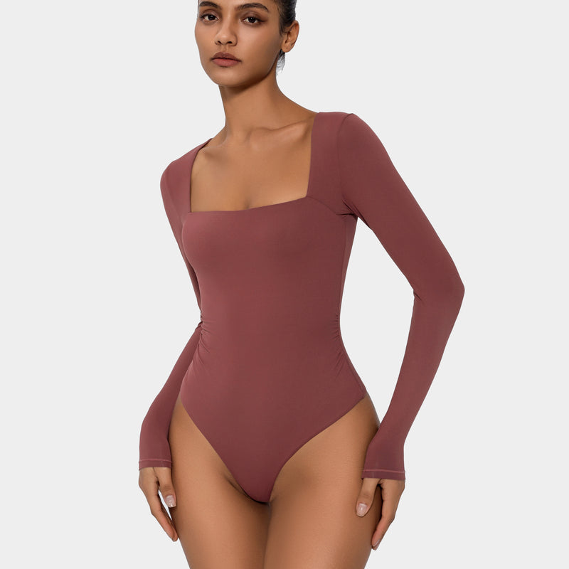 Terracotta square neck bodysuit. Double-lined, long sleeve, elegant shapewear for women.