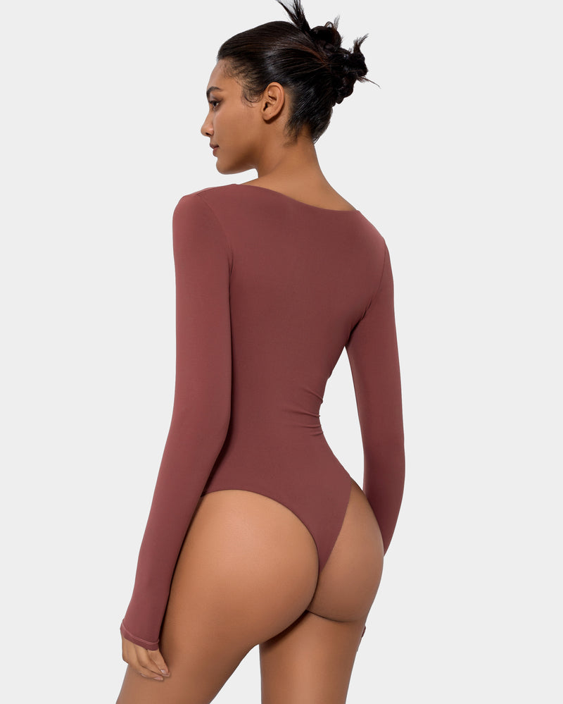 Terracotta square neck long sleeve shapewear bodysuit, flattering and elegant