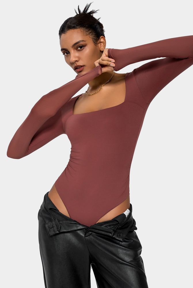 Terracotta square neck bodysuit. Double-lined, long sleeve, elegant and flattering shapewear.