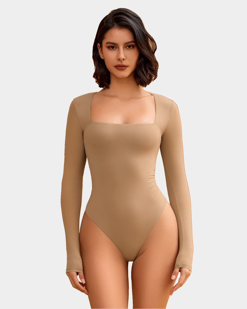 Square neck bodysuit in tan. Long sleeve shapewear. Elegant and flattering for women.