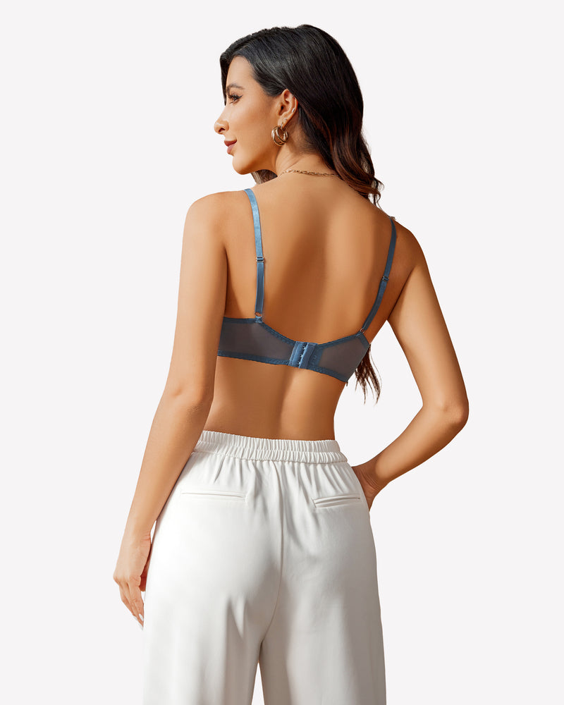 Blue Avidlove lace balconette bra with underwire, offering a seductive look, back view.