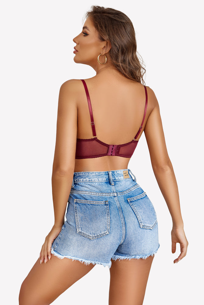 Burgundy lace Avidlove balconette bra with denim shorts, feminine and seductive style, sheer details