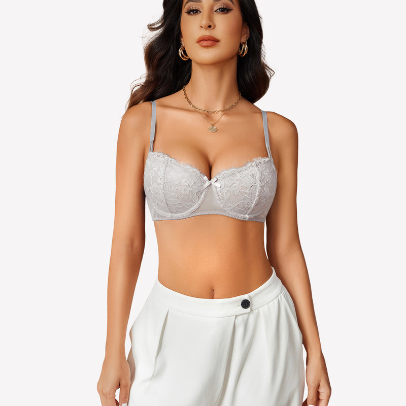 Grey lace push-up balconette bra with underwire, offering a feminine, seductive look.