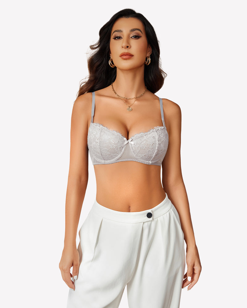 Grey lace push-up balconette bra with underwire, offering a feminine, seductive look.