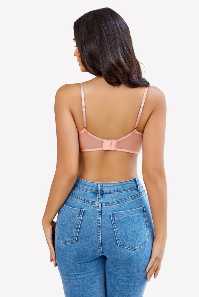 Peach sheer balconette bra with denim jeans, feminine lingerie style.