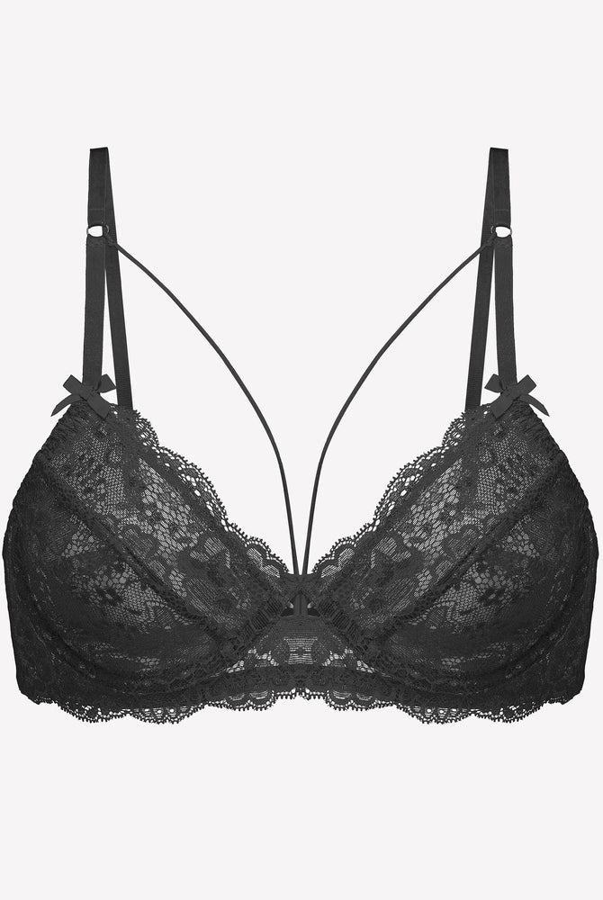 Black lace strappy bra with underwire support and see-through design. Sexy lingerie.