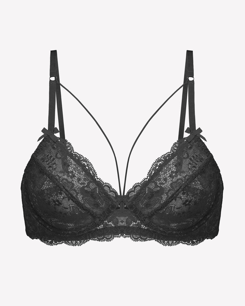 Black lace strappy bra with underwire support and see-through design. Sexy lingerie.