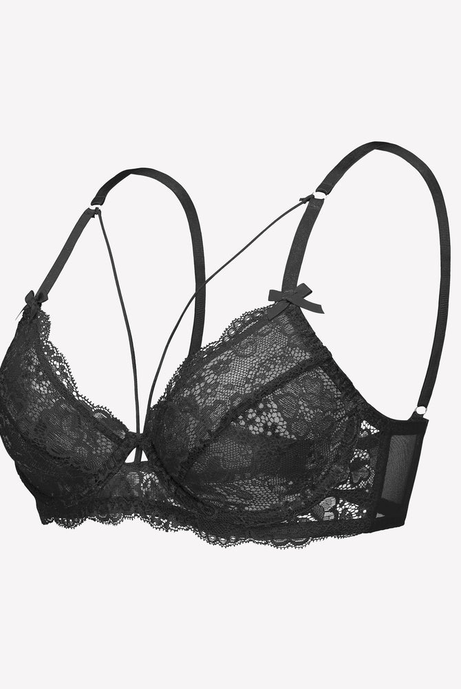 Black lace unlined strappy bra with underwire support and see-through design. Sexy lingerie.