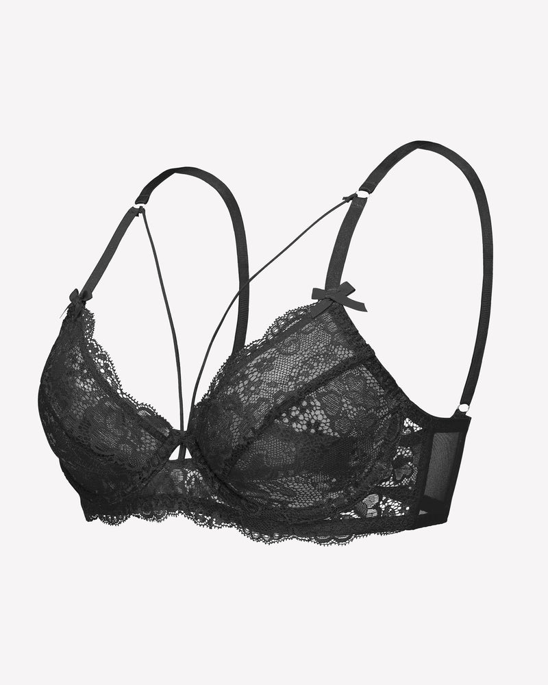 Black lace unlined strappy bra with underwire support and see-through design. Sexy lingerie.