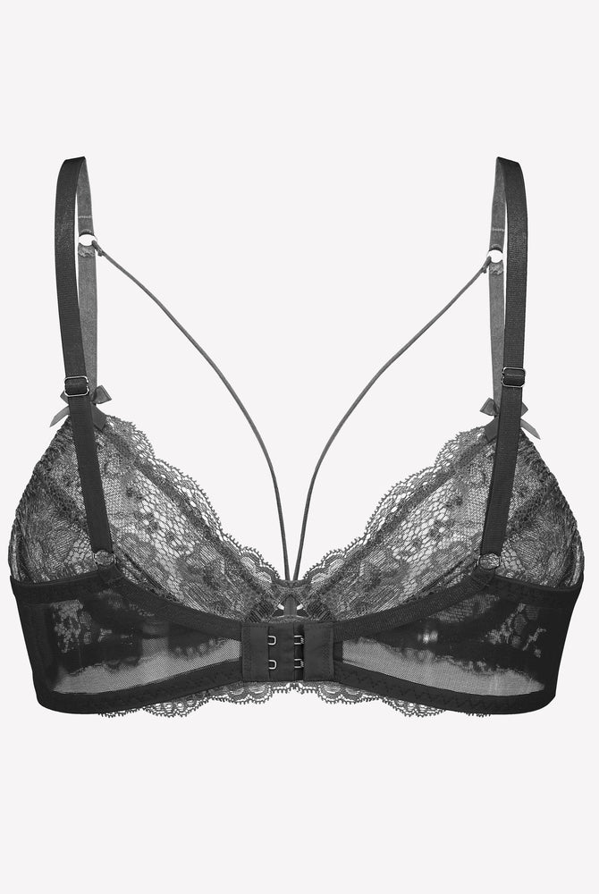 Black lace unlined strappy bra with adjustable straps and underwire support