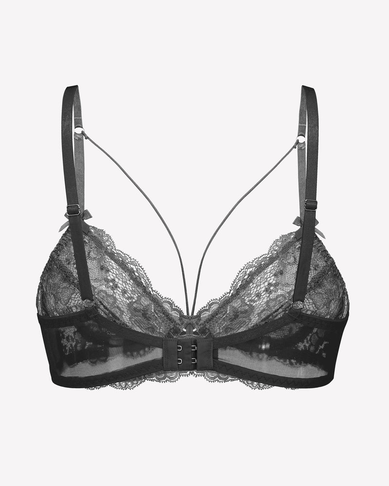 Black lace unlined strappy bra with adjustable straps and underwire support