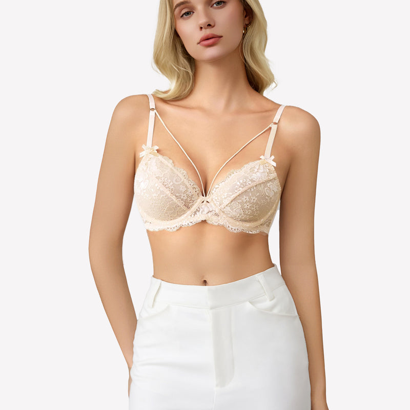 Beige lace unlined strappy bra with underwire support and strappy details. Sexy lingerie for women.