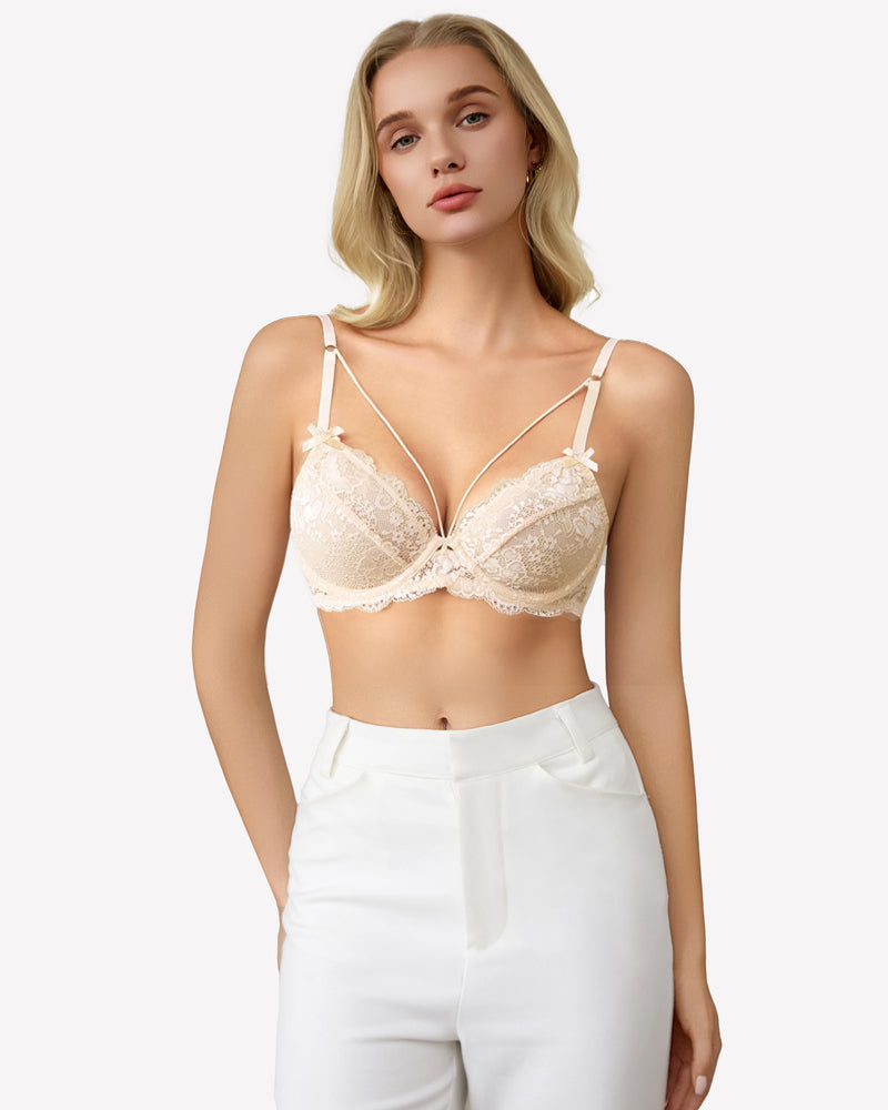 Beige lace unlined strappy bra with underwire support and strappy details. Sexy lingerie for women.