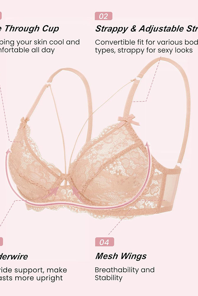 Beige lace strappy bra with underwire and see-through design. Adjustable straps and mesh wings.