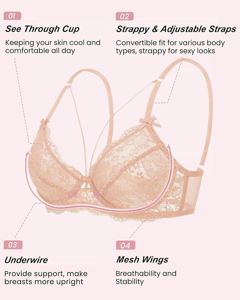 Beige lace strappy bra with underwire and see-through design. Adjustable straps and mesh wings.