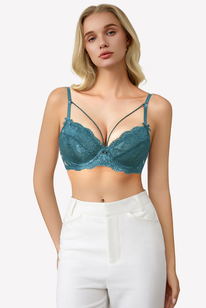 Teal lace strappy bra with underwire support, see-through design. Sexy lingerie for women.