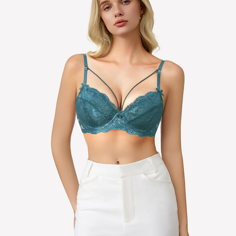 Teal lace strappy bra with underwire support, see-through design. Sexy lingerie for women.