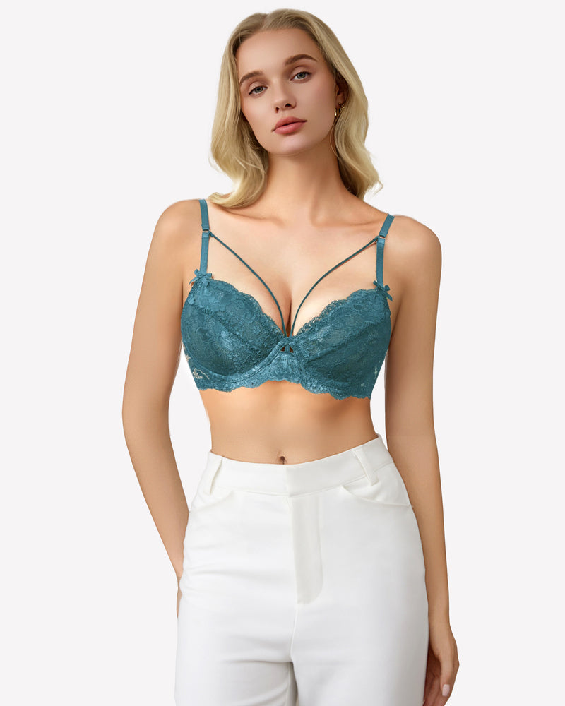 Teal lace strappy bra with underwire support, see-through design. Sexy lingerie for women.