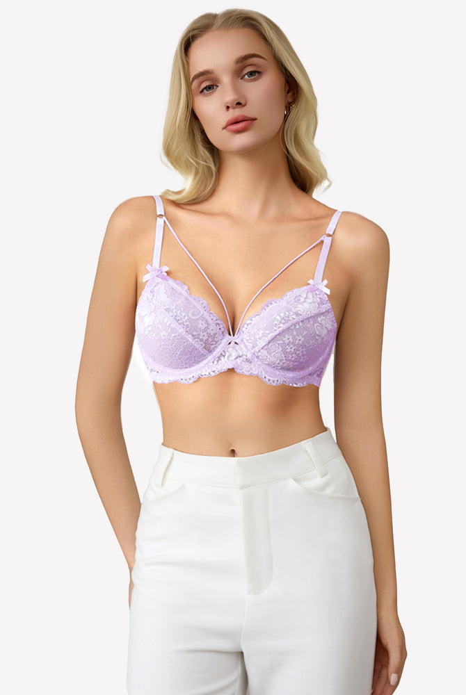 Lavender lace strappy bra with underwire support and see-through design. Sexy lingerie for women.