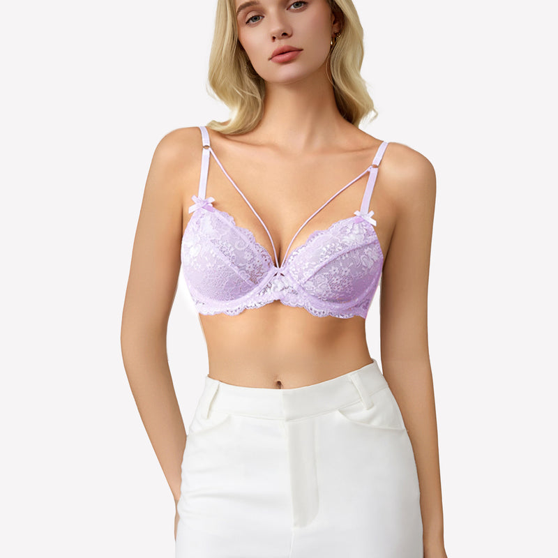 Lavender lace strappy bra with underwire support and see-through design. Sexy lingerie for women.