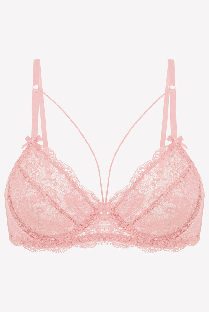 Pink lace unlined strappy bra with underwire support and see-through design. Sexy lingerie.