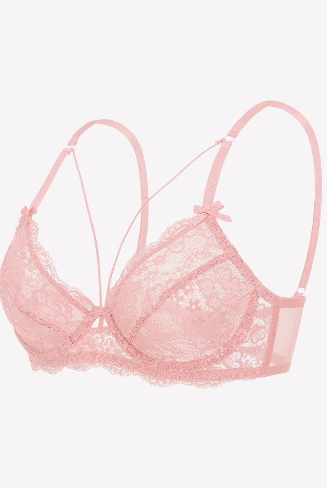 Pink lace unlined strappy bra with adjustable straps and underwire support. Sexy lingerie for women.