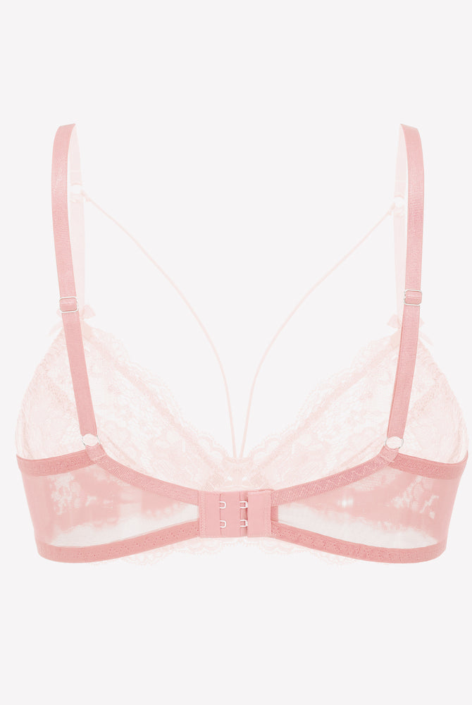 Pink lace strappy bra with underwire support. Sexy lingerie for women.